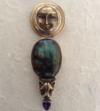 Tabra Vintage Moon Goddess Spectrolite Cabochon With Bronze Jaguar Pin/pendant.