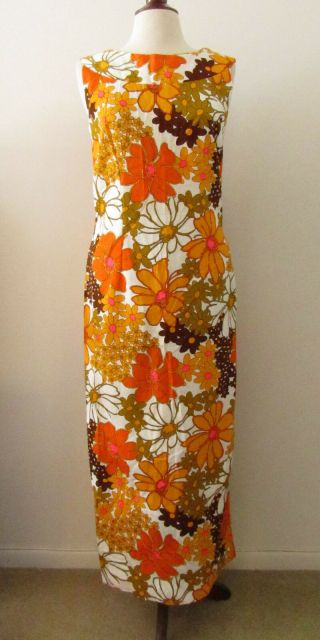 Womens Vintage 60s Hukilau Fashions Gold Orange Brown Floral Hawaiian Dress