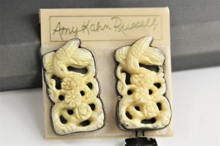 Vintage Nos Akr Amy Kahn Russel Hand Carved Bovine Bone Sterling Earrings Birds