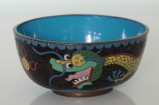 Chinese Cloisonne Black Bowl - Dragons Chasing Pearl - Late 19th / Early 20th C