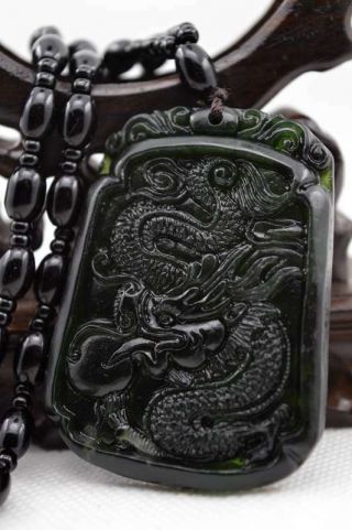 Natural Dark Green Hand - Carved Chinese Jade Pendant - Dragon - Necklace