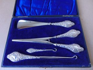 Chester Sterling Silver Handled Shoe Horn,  Glove Stretcher & Button Hooks 1911