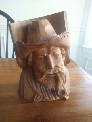 Antique Wood Carving Old Man With Pipe And Cowboy Hat