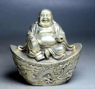 Collectable Old Tibet Silver Hand Carve Happy Buddha And Ingot Auspicious Statue
