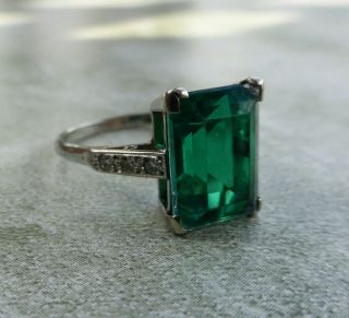 Fine Art Deco 18k 18ct White Gold & Plat Emerald Paste & Diamond Ring Uk Size P