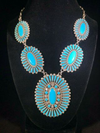 Vintage Sterling Silver Zuni Native American Turquoise Petit Point Necklace