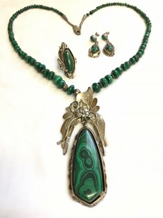 Les Baker Shop Sterling Malachite Necklace Earrings Ring Set Navajo Vintage