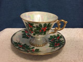 Vintage Cup And Saucer Lusterware December Holly Ucagco Japan