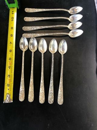9 S.  Kirk & Son Repousse Sterling Silver Ice Tea Spoons,  7.  5 ",  346g