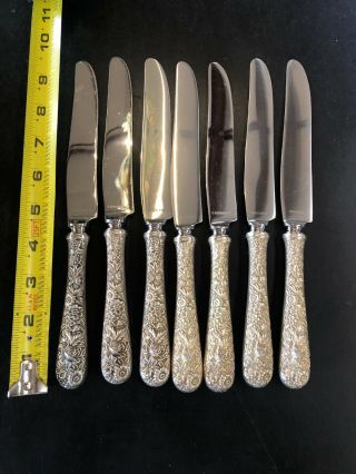 Vintage S.  Kirk & Son Inc Sterling Silver Floral Repousse 7 Dinner Knives 9 3/4 "