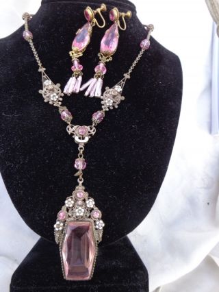 Vintage Signed Czech Pink Dangle Earrings Enamel Gold Gilt Filigree Necklace Set