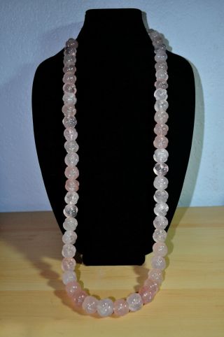 Vintage Pink Round Carved Quartz Beads From Before 1980 40 In Long 2 1/2 " Diam.