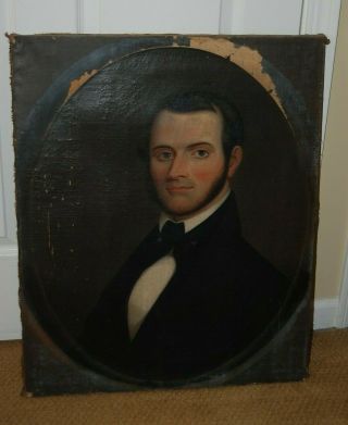Antique 19th Century American School Portrait Gentleman Oil Painting