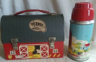 Vintage 1958 Open Door Barn Dome Lunchbox W/ Tag & Thermos