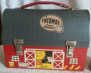 VINTAGE 1958 OPEN DOOR BARN DOME LUNCHBOX w/ TAG & THERMOS 2
