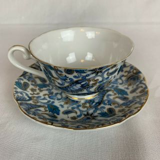 Lefton Fine Bone China Teacup And Saucer Hand Painted Blue Paisley Chintz