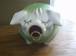 Vintage 1957 Hull Pottery Corky Pig Green Dot Pig Bank W/ Orig.  Cork