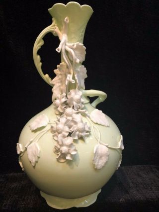 Rare Ktk Lotus Ware Parmian Vase,  Celadon W/applied White Flowers,  Book Piece