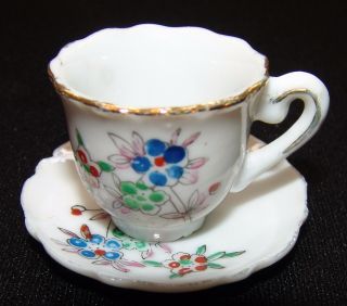 Miniature Porcelain Tea Cup And Saucer Mini China Gold Trim Hand Painted Flowers