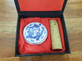 Dragon Carved Chinese Wax Seal Stamp,  Silk Box & Dish