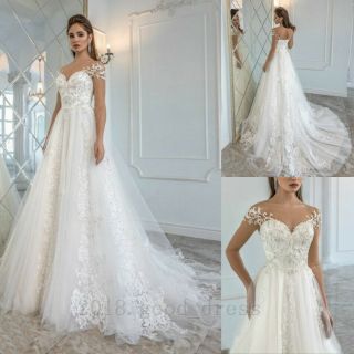 Vintage Lace Beaded Wedding Dresses Cap Sleeves Long Train Custom Bridal Gown