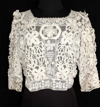 Very Rare French Victorian Off White Cotton Hand Made Lace Blouse 38 " Bust