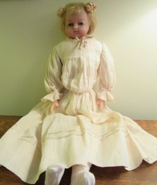 20 " Antique English Poured Wax Doll,  Blue Glass Eyes,  Vintage Dress