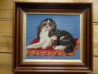 Antique English King Charles Spaniel Dog Needlepoint Framed Ex 19th C.