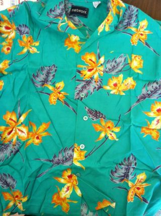 60 Vintage Rayon Hawaiian Shirt Network Label Size L Orchid Print Blue Green