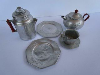 Vintage Aluminum Child Tea Coffee Pot Toy Play Set Nursery Rhyme Red Handles
