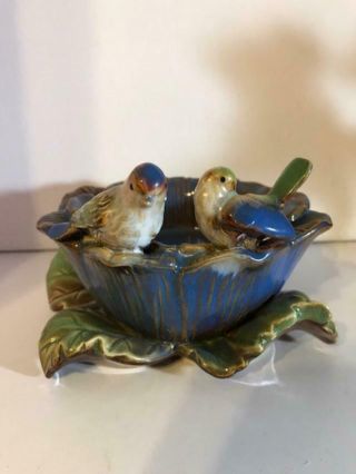 Blue And Brown Flower Shaped Bowl With Two Birds Ceramic Vintage