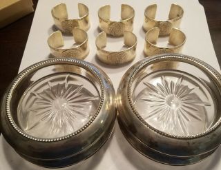 6 Mexican Sterling Napkin Ring Plat - Mex S.  A.  Aztec Calendar & 4 Drink Coasters