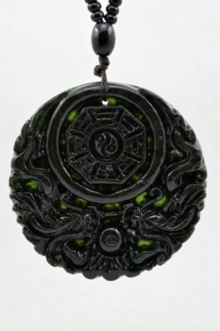 Fine Natural Dark Green Hand - Carved Chinese Jade Pendant - Necklace Double D