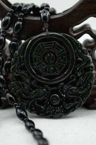 Fine Natural Dark green Hand - carved Chinese Jade Pendant - Necklace Double D 2