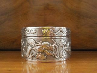 Antique 19th Cent Chinese Silver Box W/ Lid Dragon & Flamingo Pearl China