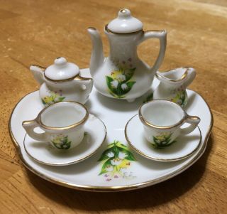 Vintage Lefton Miniature Porcelain Tea Set 10651 1995 Lily Of The Valley Design