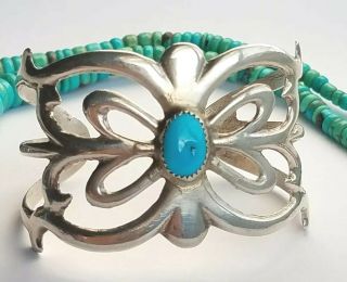 Vintage Navajo Sand Cast Sterling Silver Turquoise Cuff Bracelet Signed Mj