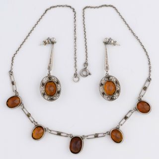 Vtg Art Deco Arts & Crafts Sterling Silver Citrine Necklace Pendant Earrings Set 5