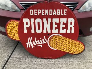 Large Vintage 1930s Pioneer Dealer Seed Ear Corn Farm 42”x30” Metal Sign Iowa