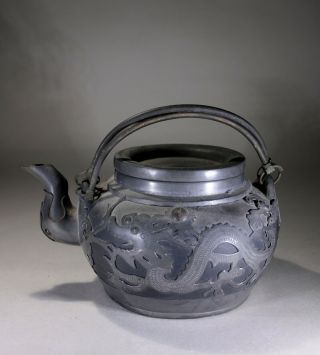Chinese Yixing Pottery & Pewter Teapot Dragons Chasing Pearls