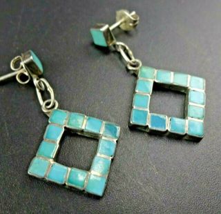 Delicate Vintage Zuni Sterling Silver Turquoise Flat Inlay Earrings Dishta Style