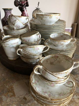 53 Pc Set Antique Haviland Schleiger Limoges Porcelain Gold Rose Plates Cups