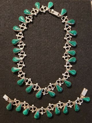 Vintage Mexican Taxco Sterling Silver Malachite Necklace / Bracelet Set Signed