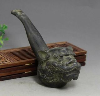 Old Chinese Bronze Foo Dog Lion Head Statue Smoking Tools Pipe C02