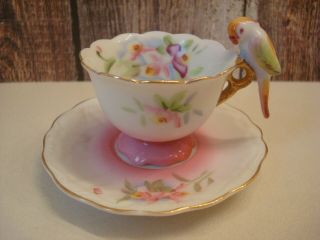 Vintage Miniature Parrot Teacup & Saucer Bird Handle Hand Painted Japan Mk