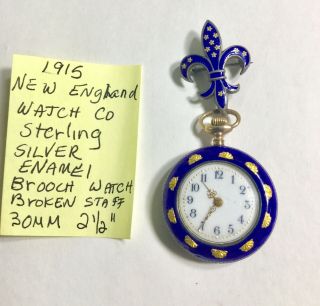 Vintage 1914 England Watch Co Sterling Enamel Brooch Watch 30mm 2 1/2 Inches
