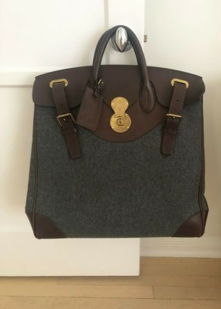 Vintage Ralph Lauren Gray Wool & Brown Leather Weekender Bag