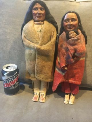 2 15 - Inch,  Mid - Century,  Vintage Indian Skookum Dolls Father & Mother W/ Papoose