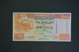 Rare Hong Kong 2002 $1000 Hsbc Note Ch - Unc Solid Number Cj333333 (k486)