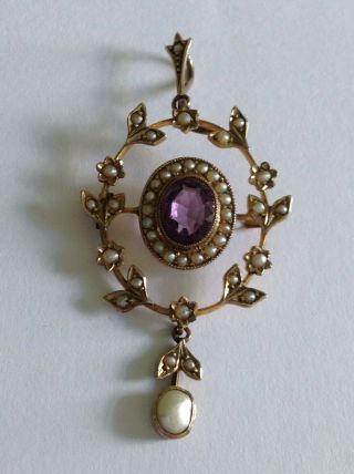 Lovely Victorian 9ct Gold Amethyst & Seed Pearl Set Pendant